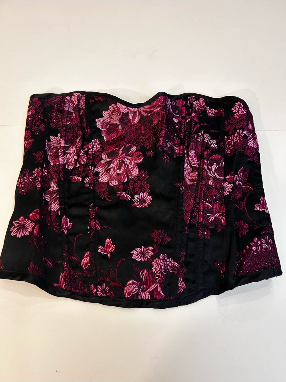 Frederick's of Hollywood Black Corset Top with Pink Floral Jacquard